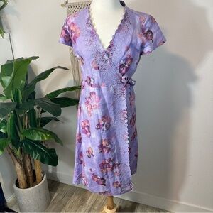 J. Jill 100% Linen purple floral lace wrap midi dress. Size 6